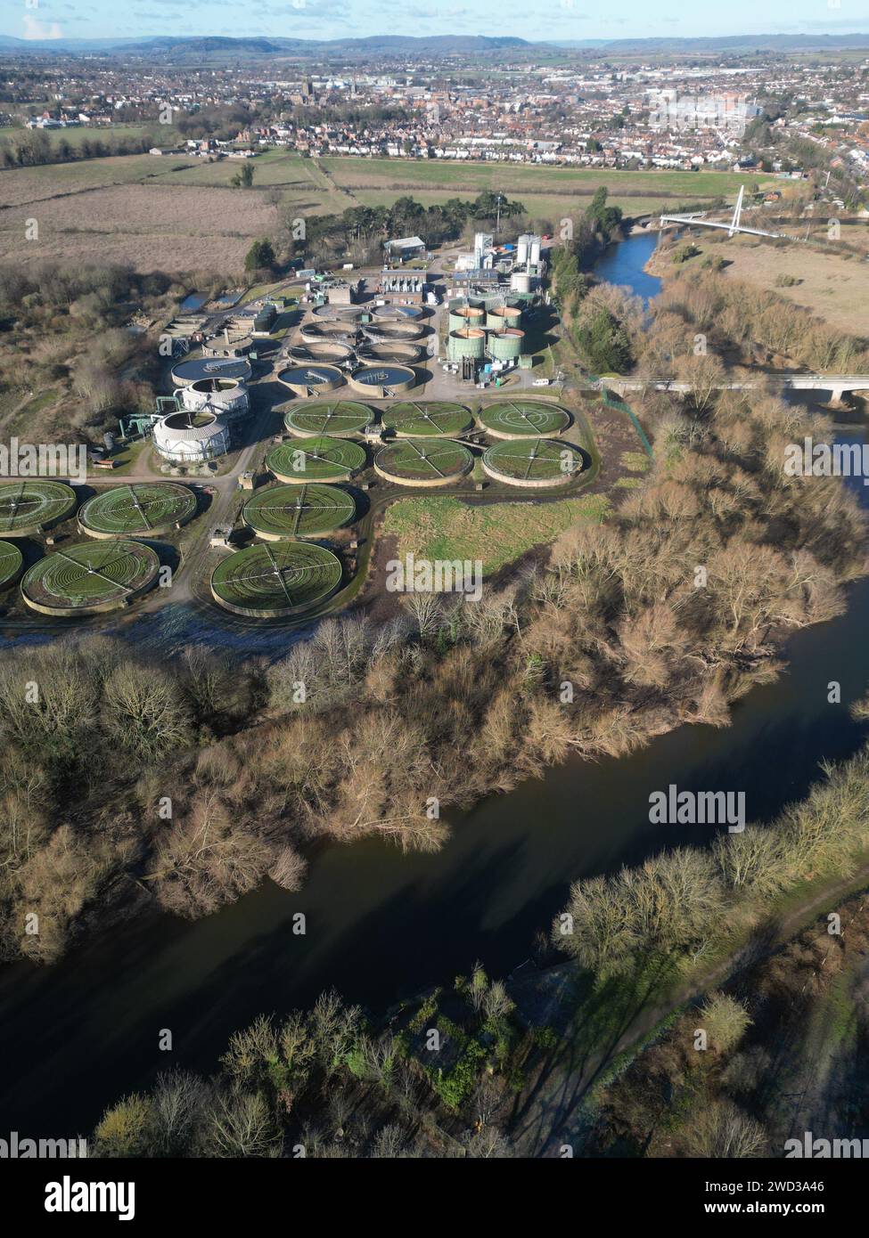 Aerial view of Welsh Water sewage and waste water treament plant beside the River Wye at Hereford Herefordshire UK taken January 2024 Stock Photo