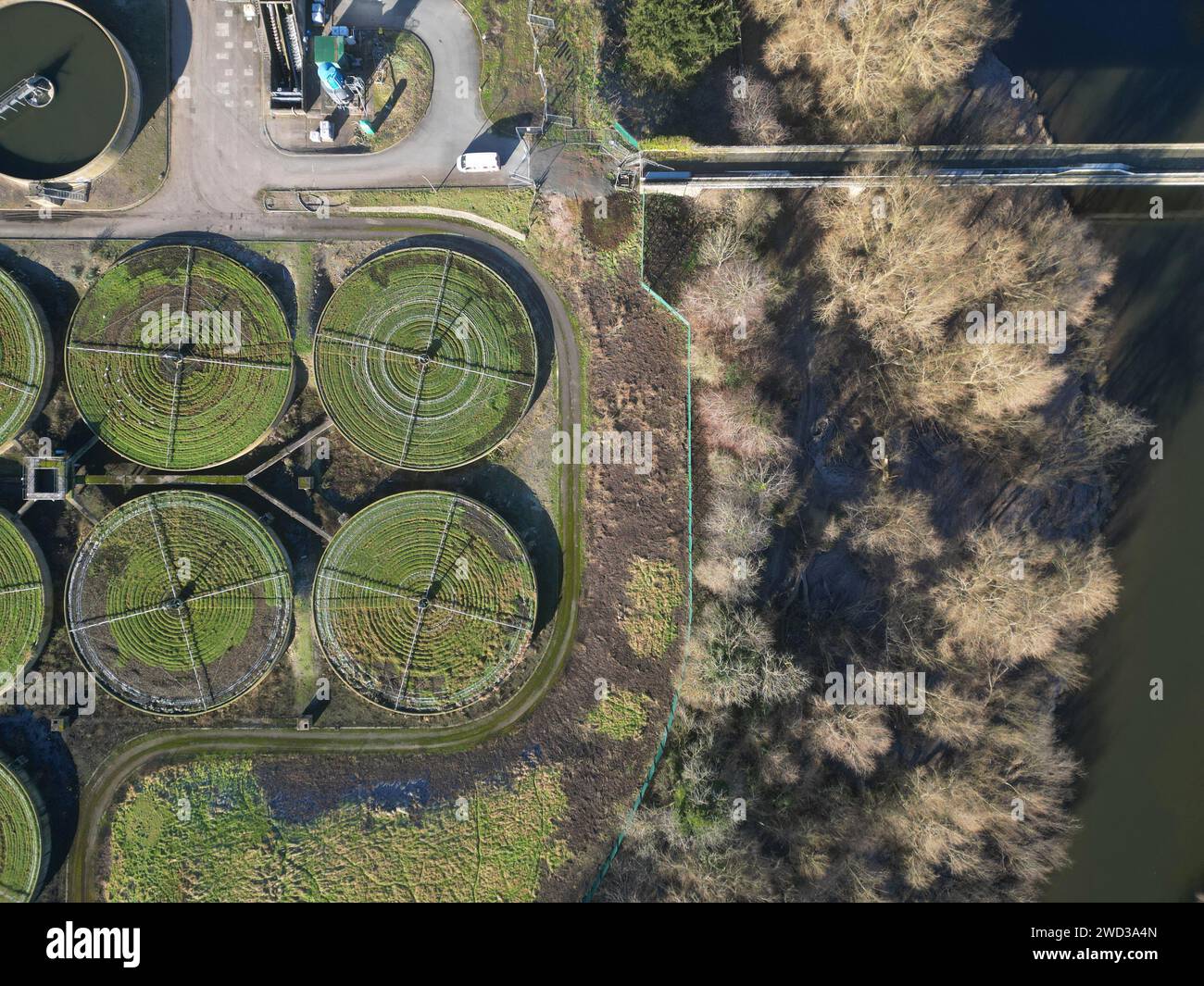 Aerial view of Welsh Water sewage and waste water treament plant beside the River Wye at Hereford Herefordshire UK taken January 2024 Stock Photo