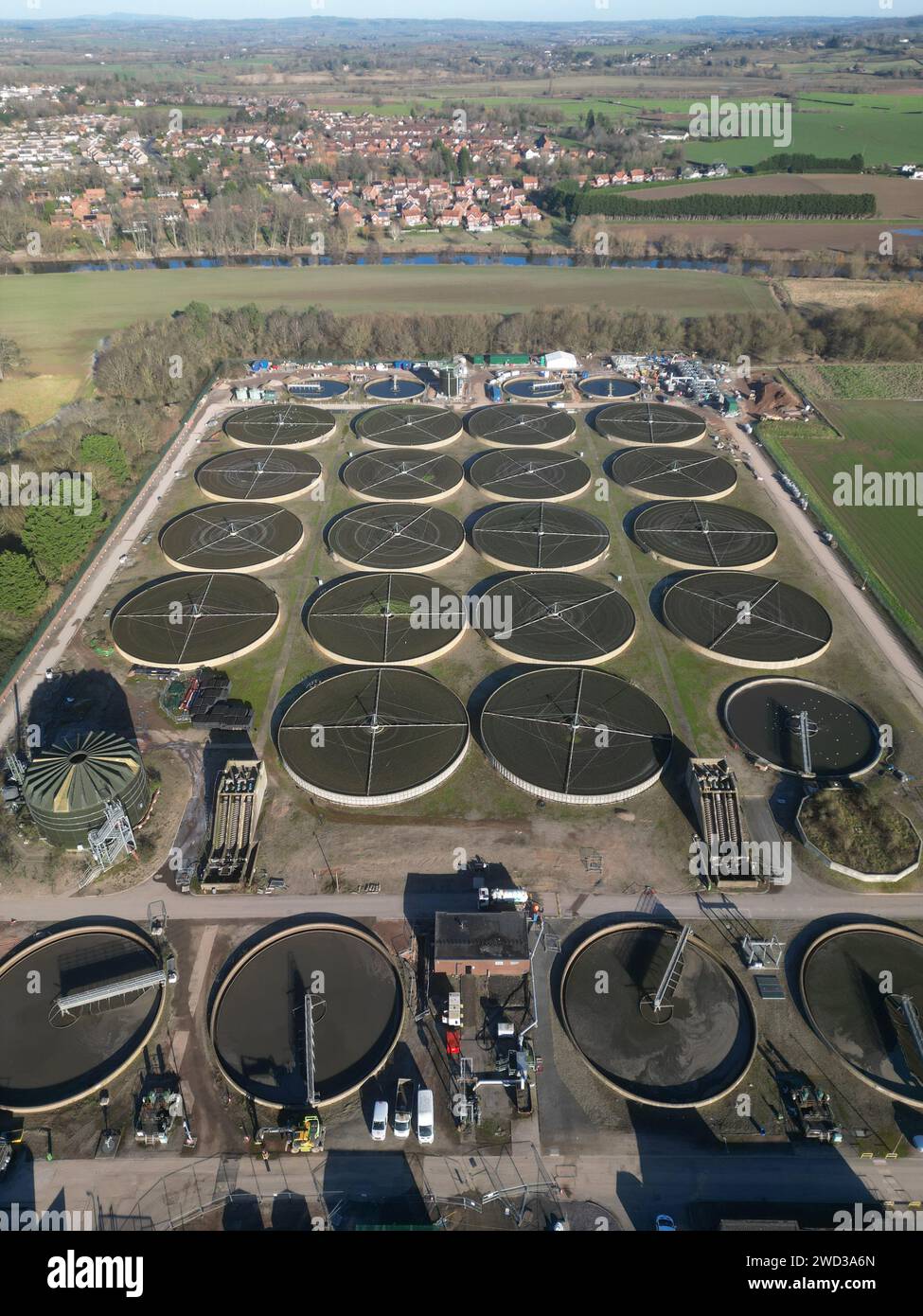 Aerial view of Welsh Water sewage and waste water treament plant beside the River Wye at Hereford Herefordshire UK taken January 2024 Stock Photo