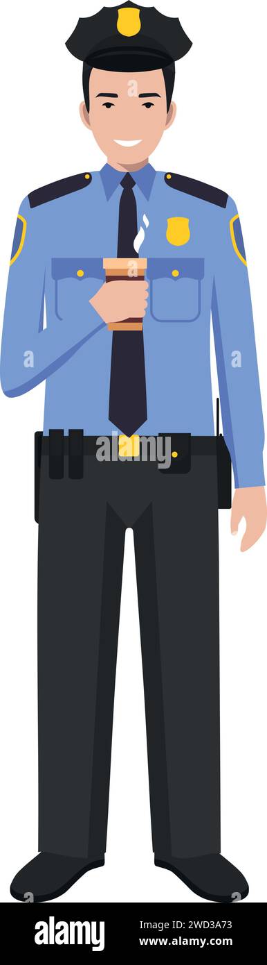 Standing American Policeman Officer with Cup of Coffee in Traditional Uniform Character Icon in Flat Style. Stock Vector