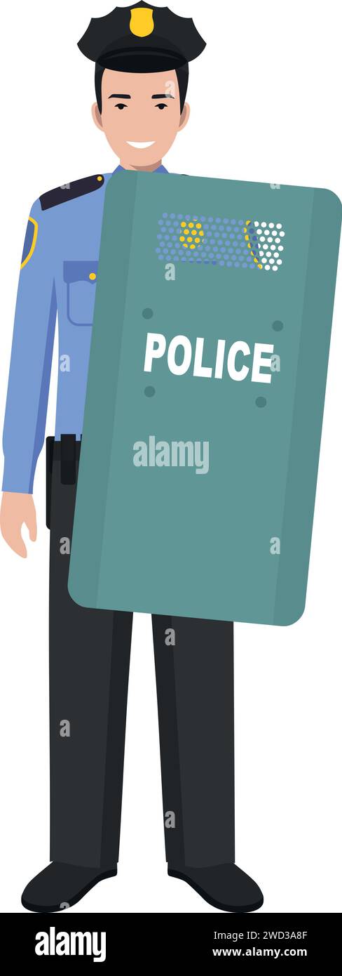 Standing American Policeman Officer with Metal Protective Shield in Traditional Uniform Character Icon in Flat Style. Stock Vector