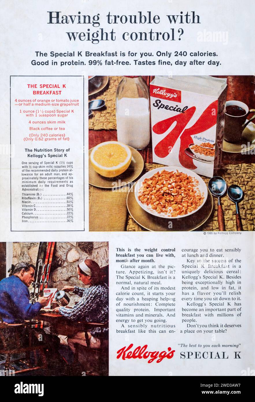 1965 magazine advertisement for Kellogg's Special K breakfast cereal. Stock Photo