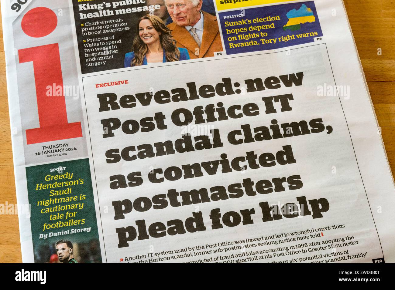 18 January 2024. Front page headline in the i newspaper reads Revealed
