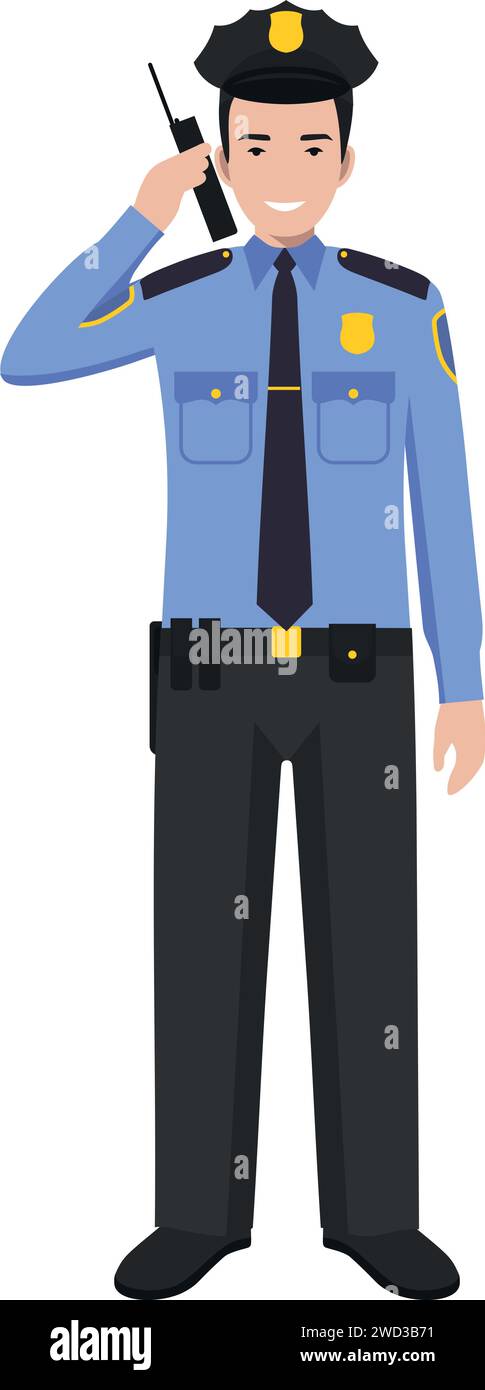 Standing American Policeman Officer with Walkie-Talkie in Traditional Uniform Character Icon in Flat Style. Stock Vector