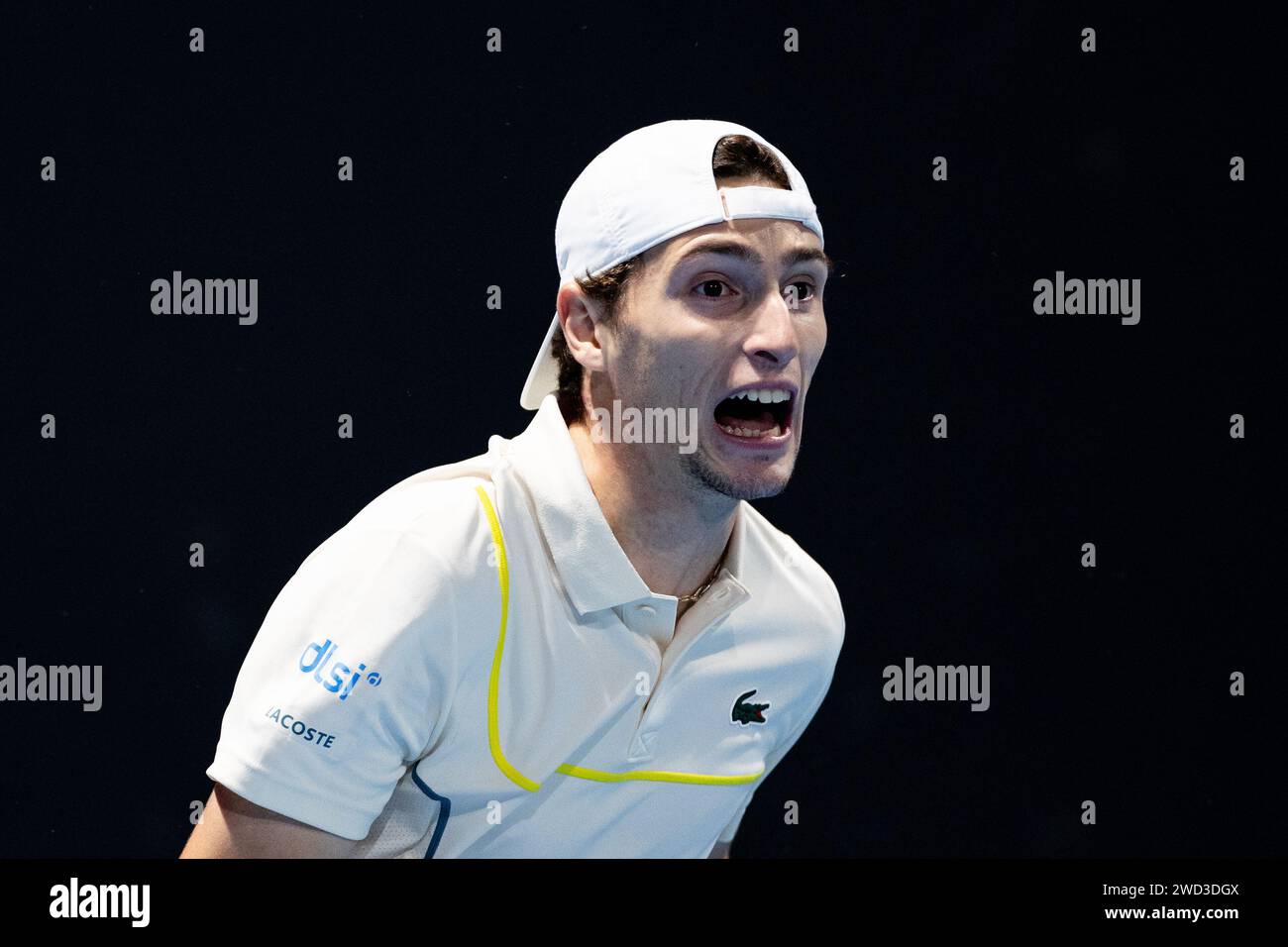 Melbourne, Australia. 18th Jan, 2024. Ugo Humbert of France reacts during the men's singles second round match Ugo Humbert of France and Zhang Zhizhen of China at the Australian Open tennis tournament in Melbourne, Australia, Jan. 18, 2024. Credit: Chu Chen/Xinhua/Alamy Live News Stock Photo