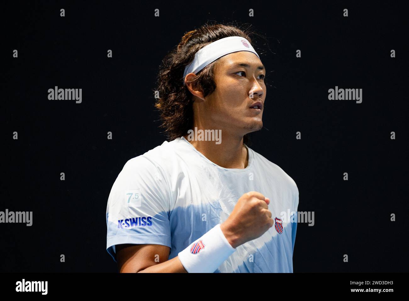 Melbourne, Australia. 18th Jan, 2024. Zhang Zhizhen of China reacts during the men's singles second round match Ugo Humbert of France and Zhang Zhizhen of China at the Australian Open tennis tournament in Melbourne, Australia, Jan. 18, 2024. Credit: Chu Chen/Xinhua/Alamy Live News Stock Photo