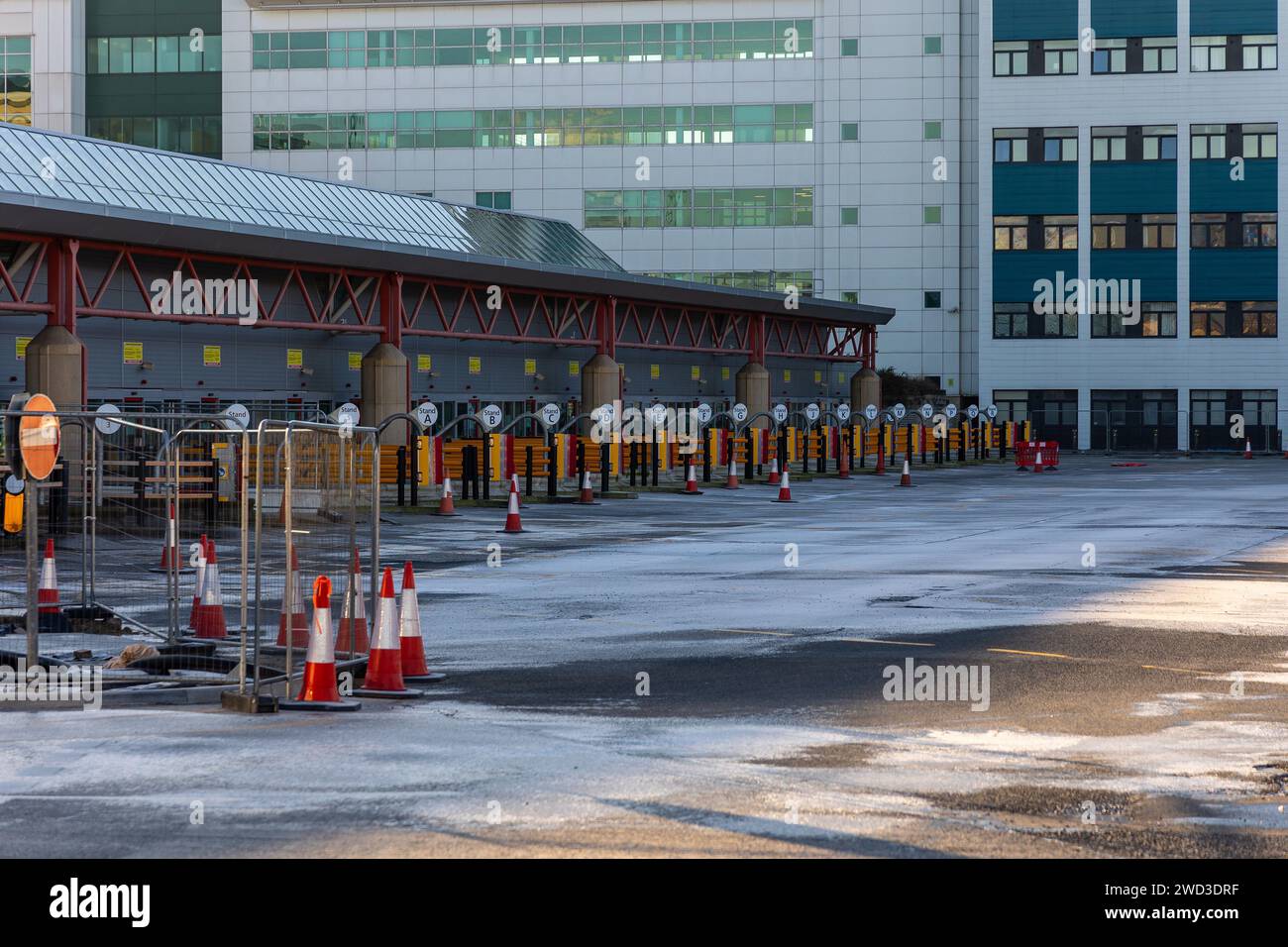 Bradford, UK, 18 January 2024, Bradford Interchange bus station remains closed following reports of damage on 04.01.2024. The bus platforms at Bradford interchange stand empty as the bus station is closed. Credit: Neil Terry/ Neil Terry Photography Stock Photo