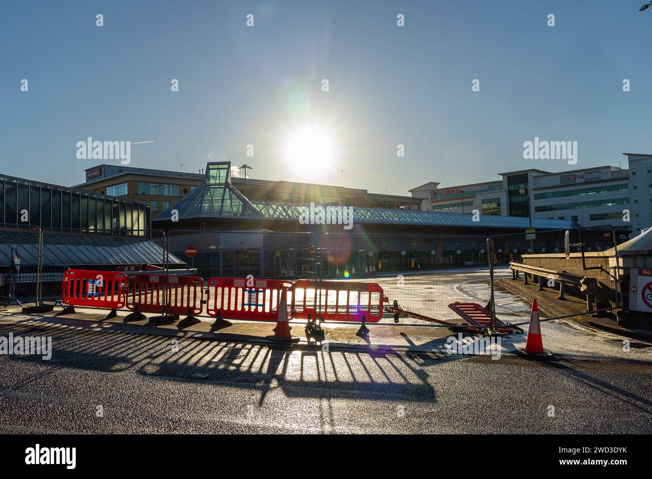 Bradford, UK, 18 January 2024, Bradford Interchange bus station remains closed following reports of damage on 04.01.2024. The Bridge Street entrance to Bradford Interchange bus station has no access. Credit: Neil Terry/ Neil Terry Photography Stock Photo