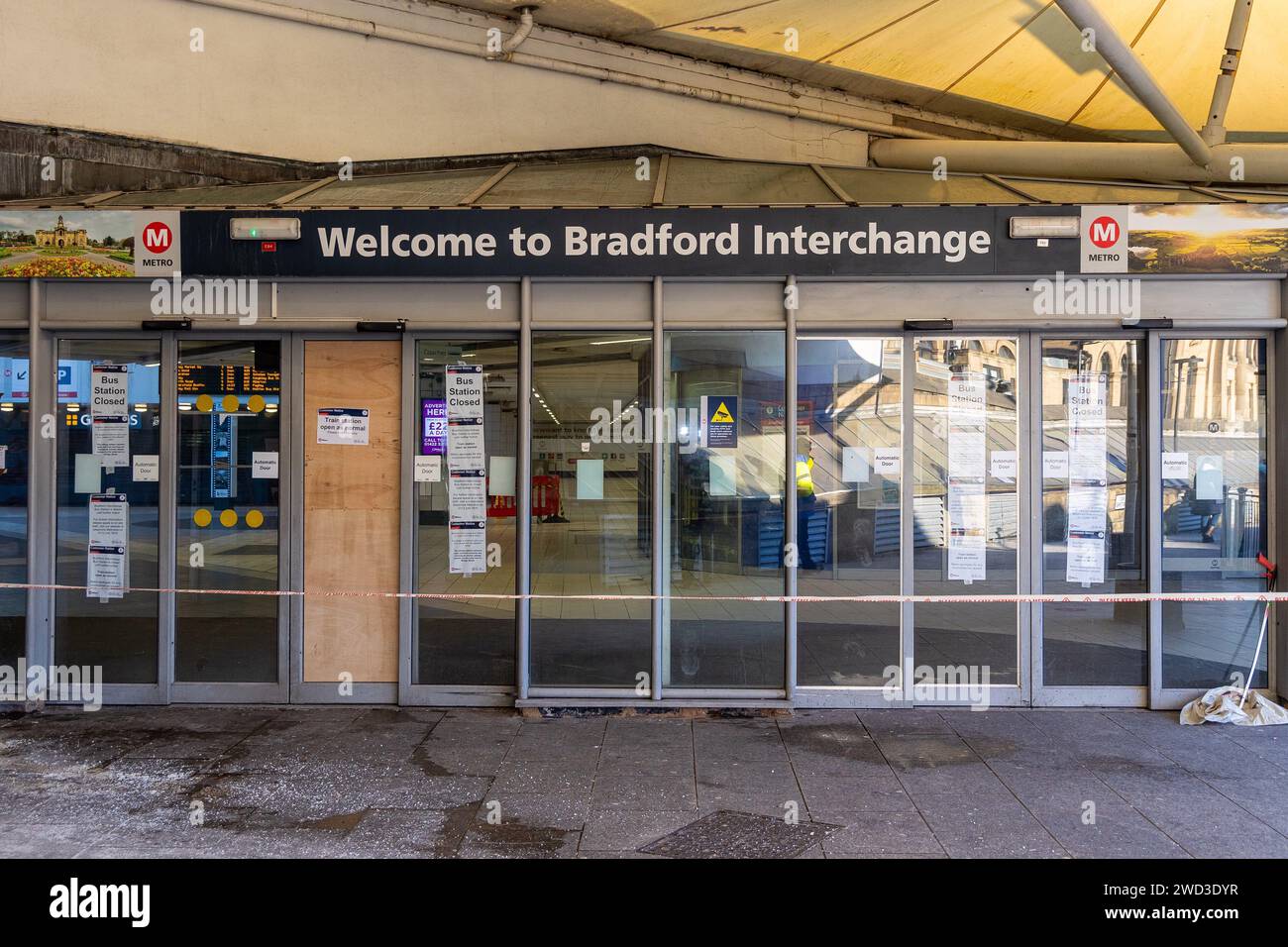 Bradford, UK, 18 January 2024, Bradford Interchange bus station remains closed following reports of damage on 04.01.2024. Caution tape and numerous notices making it clear Bradford Interchange bus station is closed. Credit: Neil Terry/ Neil Terry Photography Stock Photo