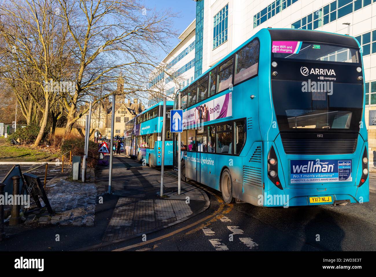 Bradford, UK, 18 January 2024, Bradford Interchange bus station remains closed following reports of damage on 04.01.2024. Buses waiting on Nelson Street ahead of departing on their services. Credit: Neil Terry/ Neil Terry Photography Stock Photo