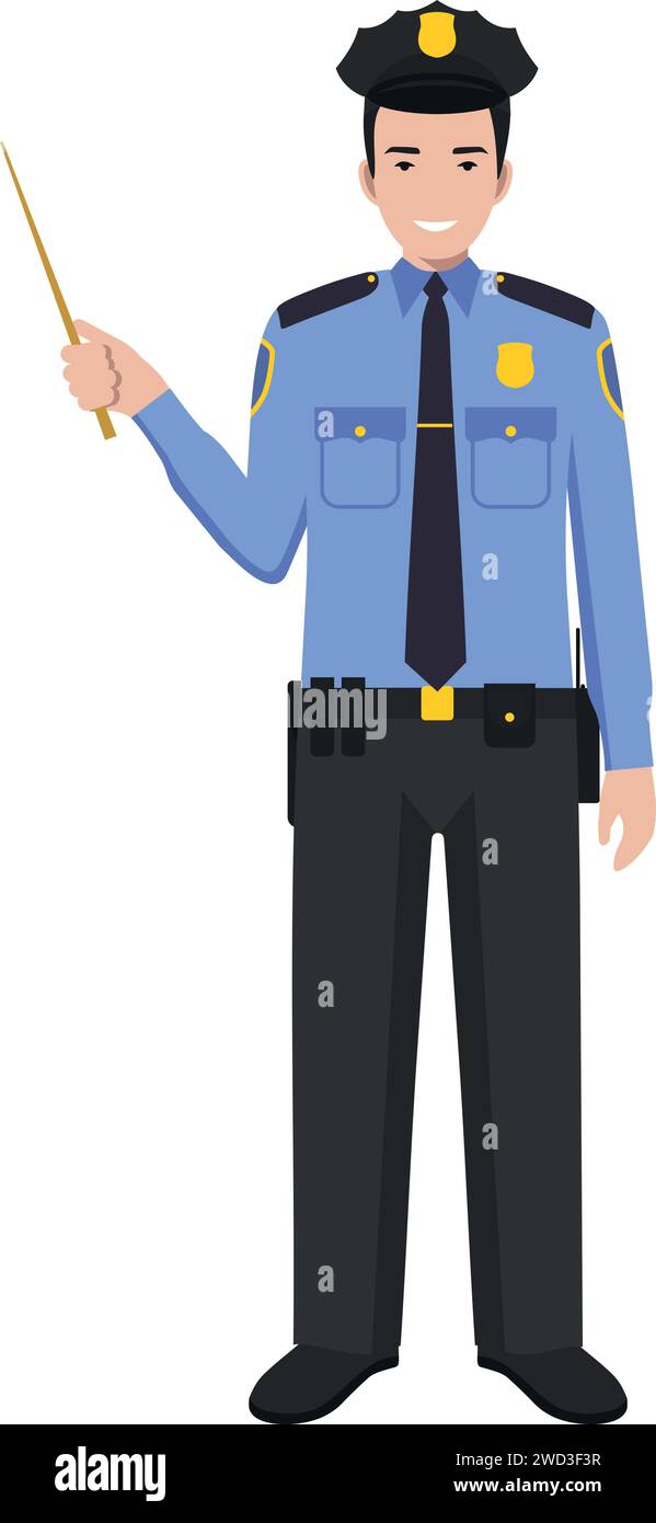 Standing American Policeman Officer with Wooden Pointer Stick in Traditional Uniform Character Icon in Flat Style. Stock Vector