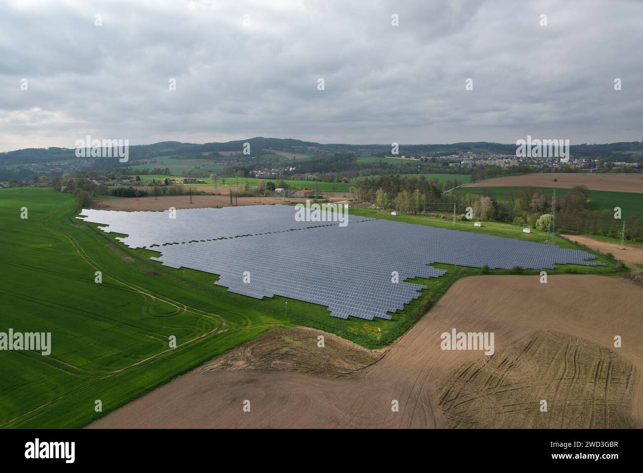 Modern solar power plant, photovoltaic panels green energy electricity