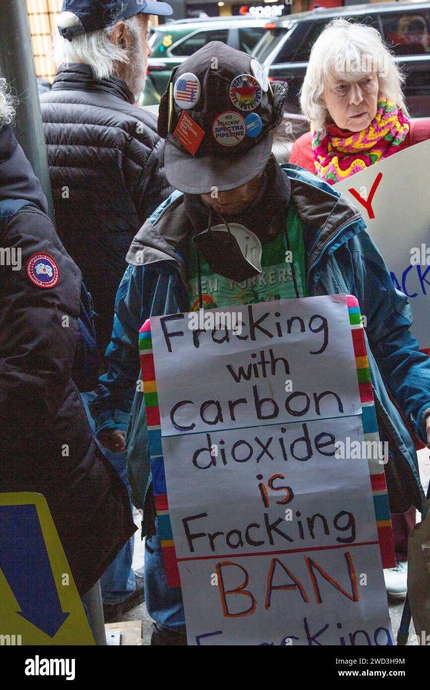 Environmental activists demonstrate and send a message to Governer Hokul in front of her New York City office to keep fracking illegal in New York State as it has been for the last ten years. Stock Photo