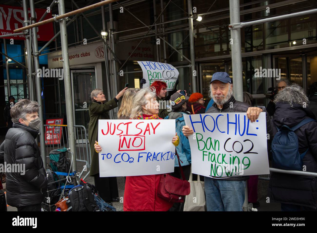 Environmental activists demonstrate and send a message to Governer Hokul in front of her New York City office to keep fracking illegal in New York State as it has been for the last ten years. Stock Photo