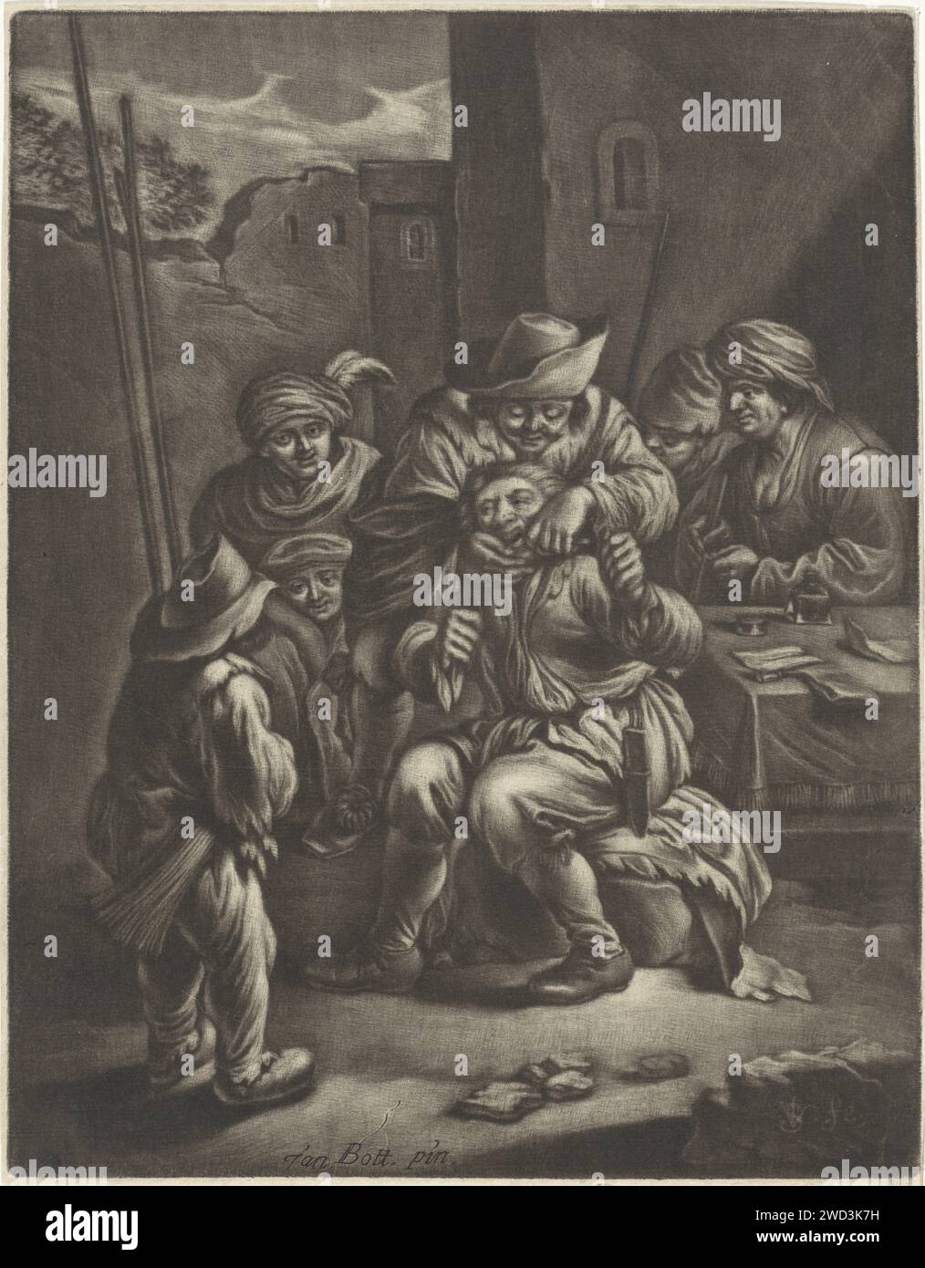 Dentist, Jan van Somer, after Jan Both, 1655 - 1700 print For an inn, a quack (dentist) treats a man. The patient has bald his fists. A group of bystanders is around the spectacle.  paper  (barber as) dentist. quack extracting teeth or molars Stock Photo