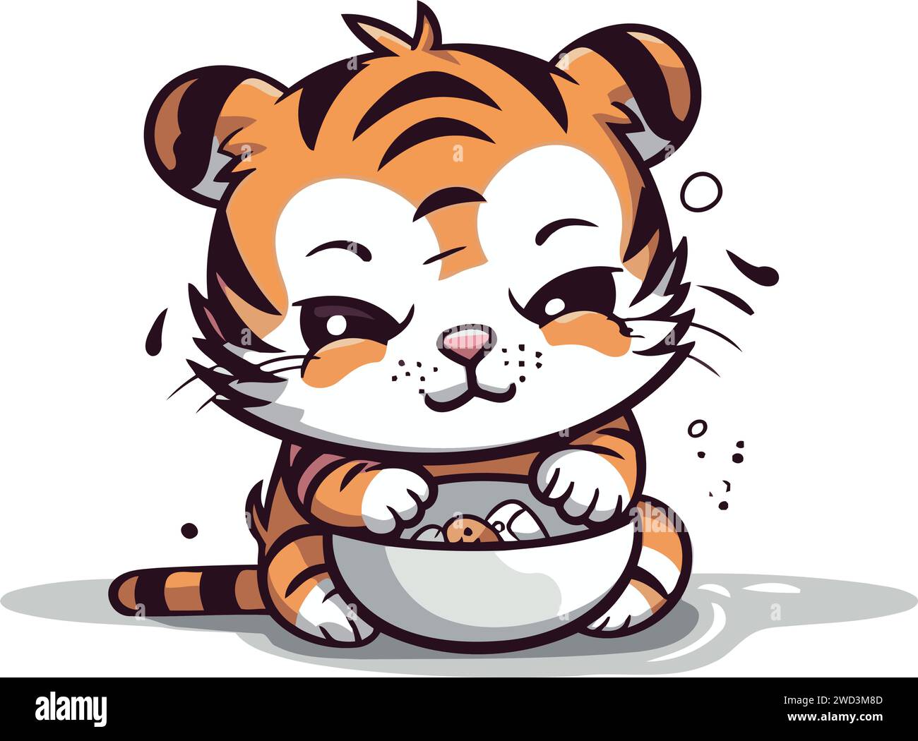 Cute cartoon tiger eating a bowl of food. Vector illustration Stock