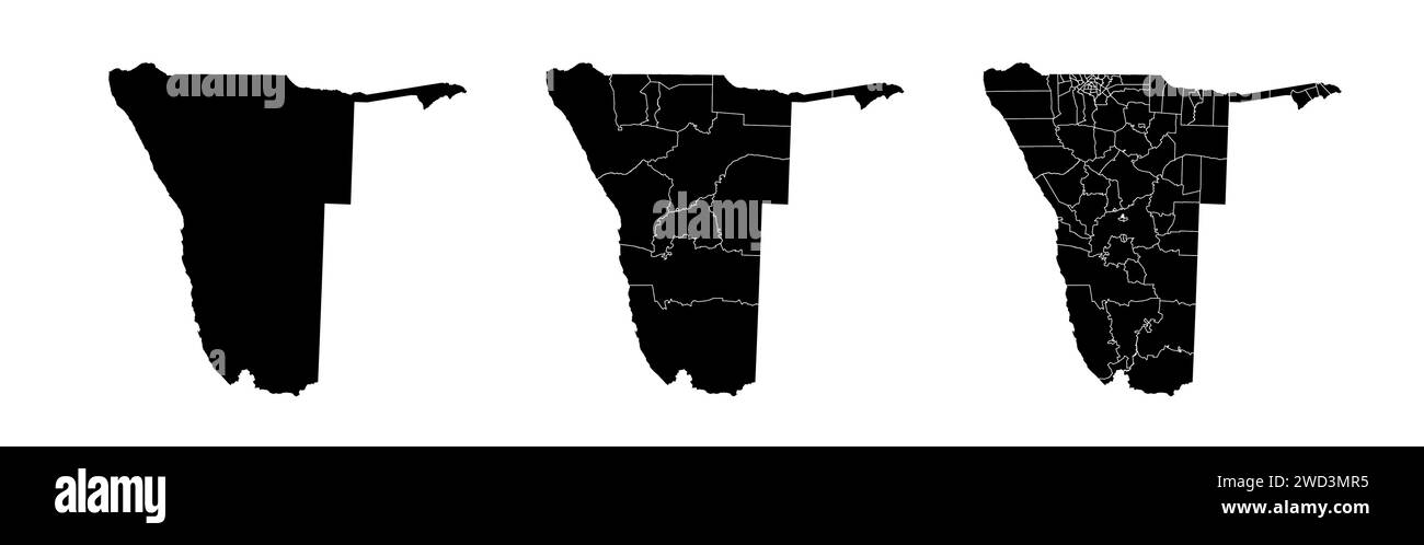 Set of state maps of Namibia with regions and municipalities division