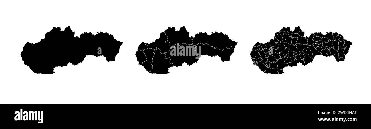 Set of state maps of Slovakia with regions and municipalities division. Department borders, isolated vector maps on white background. Stock Vector