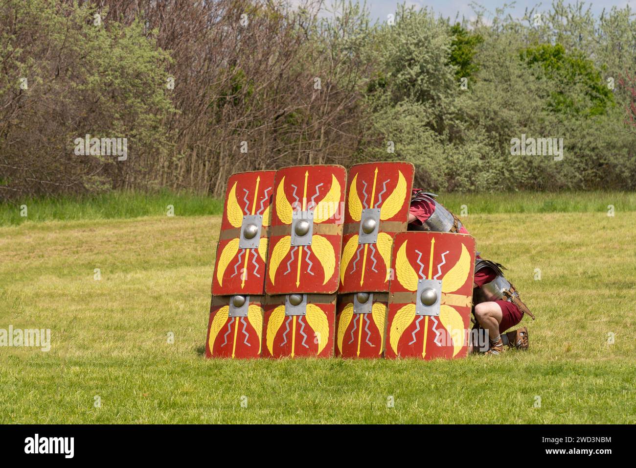 Shield wall of Roman legionnaires during a re-enactment of an ancient battle Stock Photo