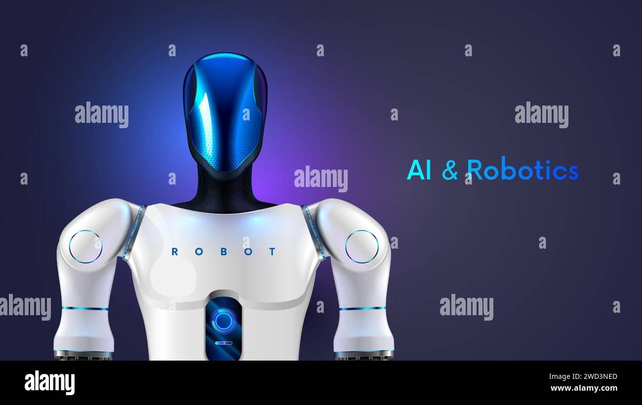 Bipedal autonomous humanoid robot. Humanoid robotics technology. humanoid robot with AI or artificial intelligence. Robot Head in glass mask with actu Stock Vector