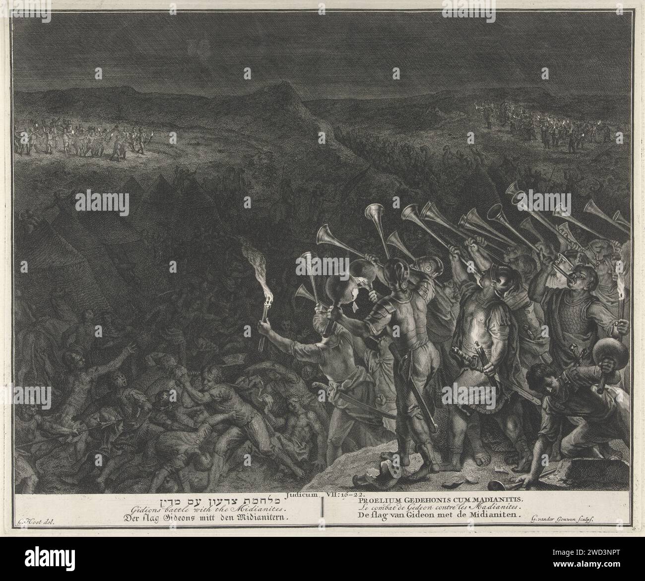 Fight against the Midianites, The Israelites, divided into three groups,  attack the Midianite camp at night. They blow on trumpets and smash water  jars in which torches are hidden. The Midianites panic and attack each other  (Ri. 7: 16-22). The print has a ...