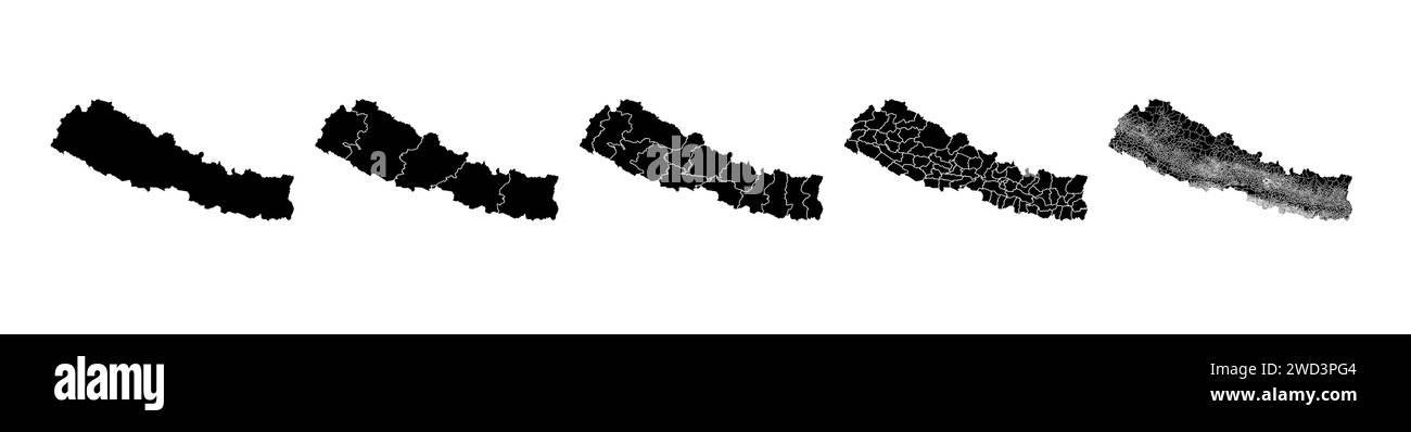 Set of state maps of Nepal with regions and municipalities division. Department borders, isolated vector maps on white background. Stock Vector