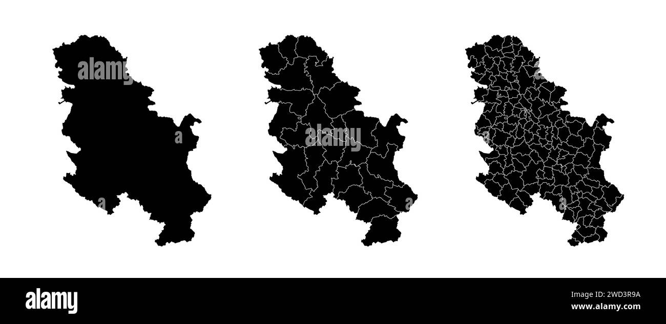 Set of state maps of Serbia with regions and municipalities division. Department borders, isolated vector maps on white background. Stock Vector