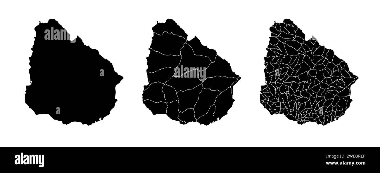 Set of state maps of Uruguay with regions and municipalities division. Department borders, isolated vector maps on white background. Stock Vector