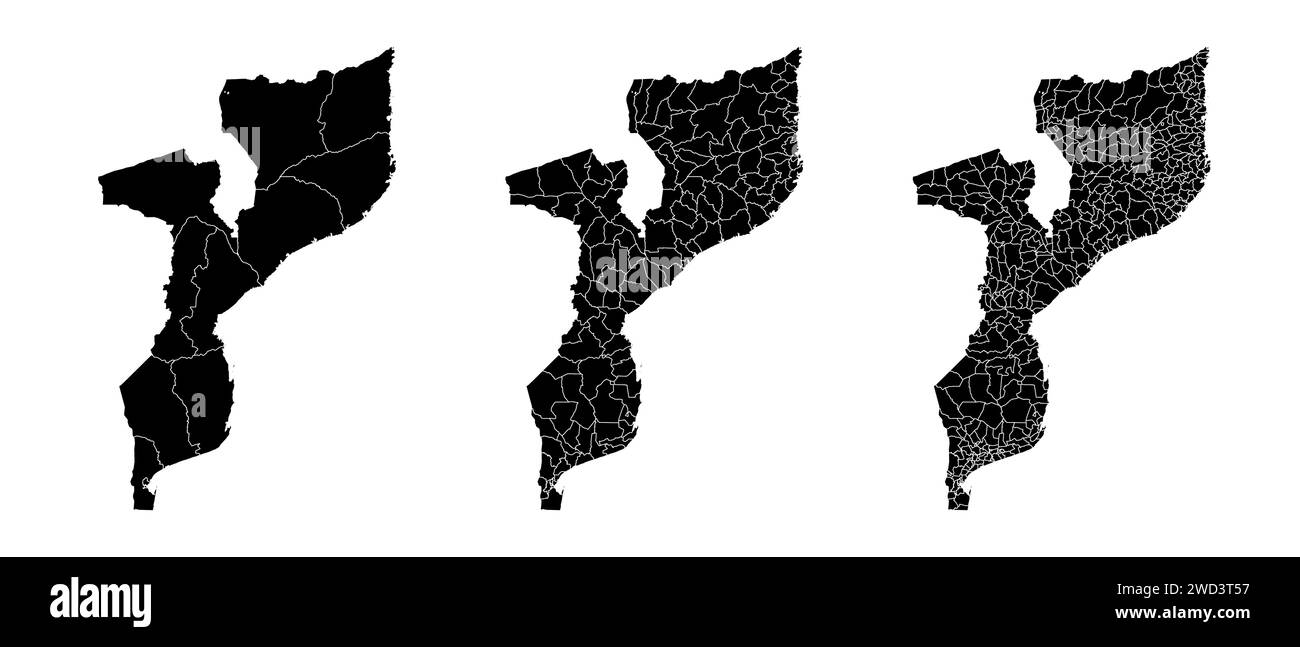 Set of state maps of Mozambique with regions and municipalities ...