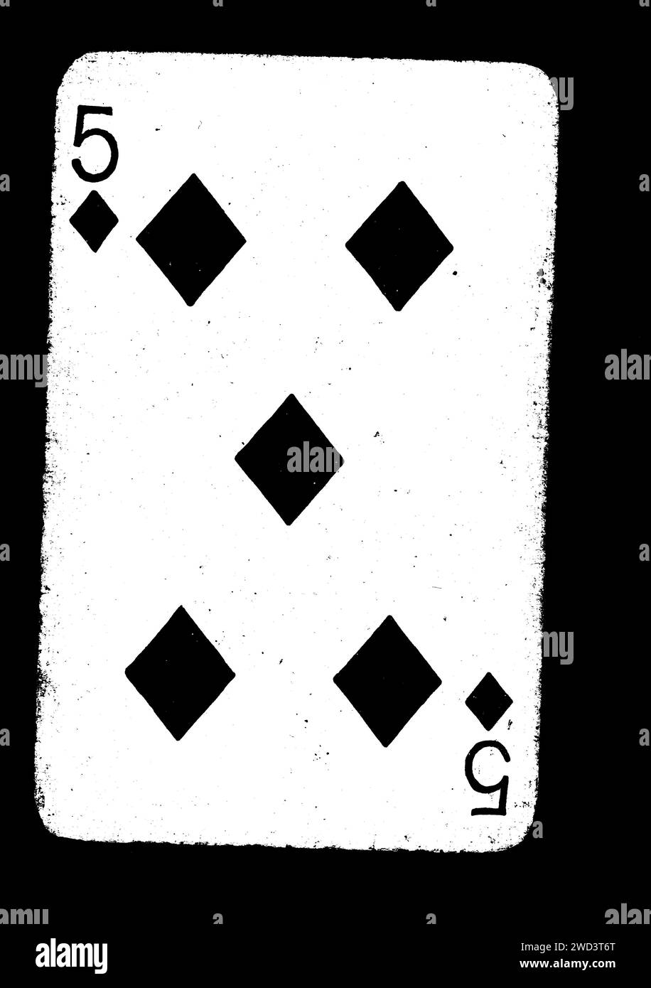 A vintage five of diamonds playing card in black and white isolated on a black background. Stock Photo