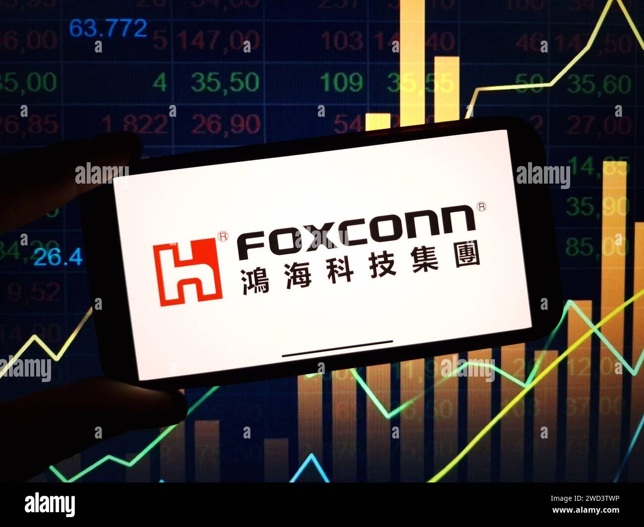 Konskie, Poland - January 16, 2024: Foxconn company logo displayed on mobile phone screen Stock Photo