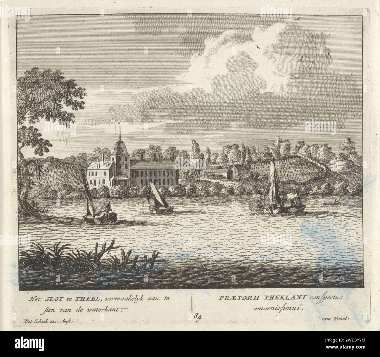 View on a lock on river Theel, Anonymous, 1675 - 1711 print   paper. pencil etching river. sailing-ship, sailing-boat Saarland Stock Photo