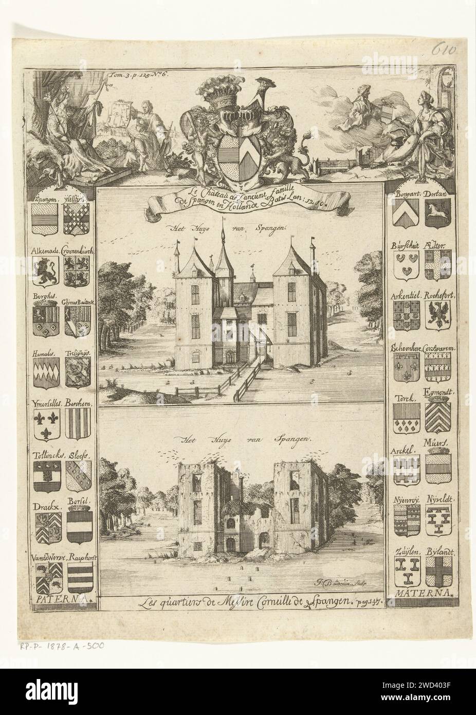https://c8.alamy.com/comp/2WD403F/huis-van-spangen-i-baudouin-after-jacob-lois-after-1672-before-1730-print-two-performances-with-the-house-of-spangen-above-each-other-above-the-house-in-good-times-below-as-ruin-on-both-sides-32-family-weapons-to-the-left-of-the-side-of-spangen-to-the-right-of-the-side-of-bongart-above-the-composite-weapon-of-the-spangen-and-bongart-families-and-two-allegorical-scenes-on-the-left-an-architect-who-shows-a-map-of-a-queen-on-the-right-a-lady-who-draws-the-spangen-family-crest-with-a-writing-spring-under-a-reference-to-cornelis-van-spangen-paper-etching-castle-ruin-of-a-dwelling-2WD403F.jpg