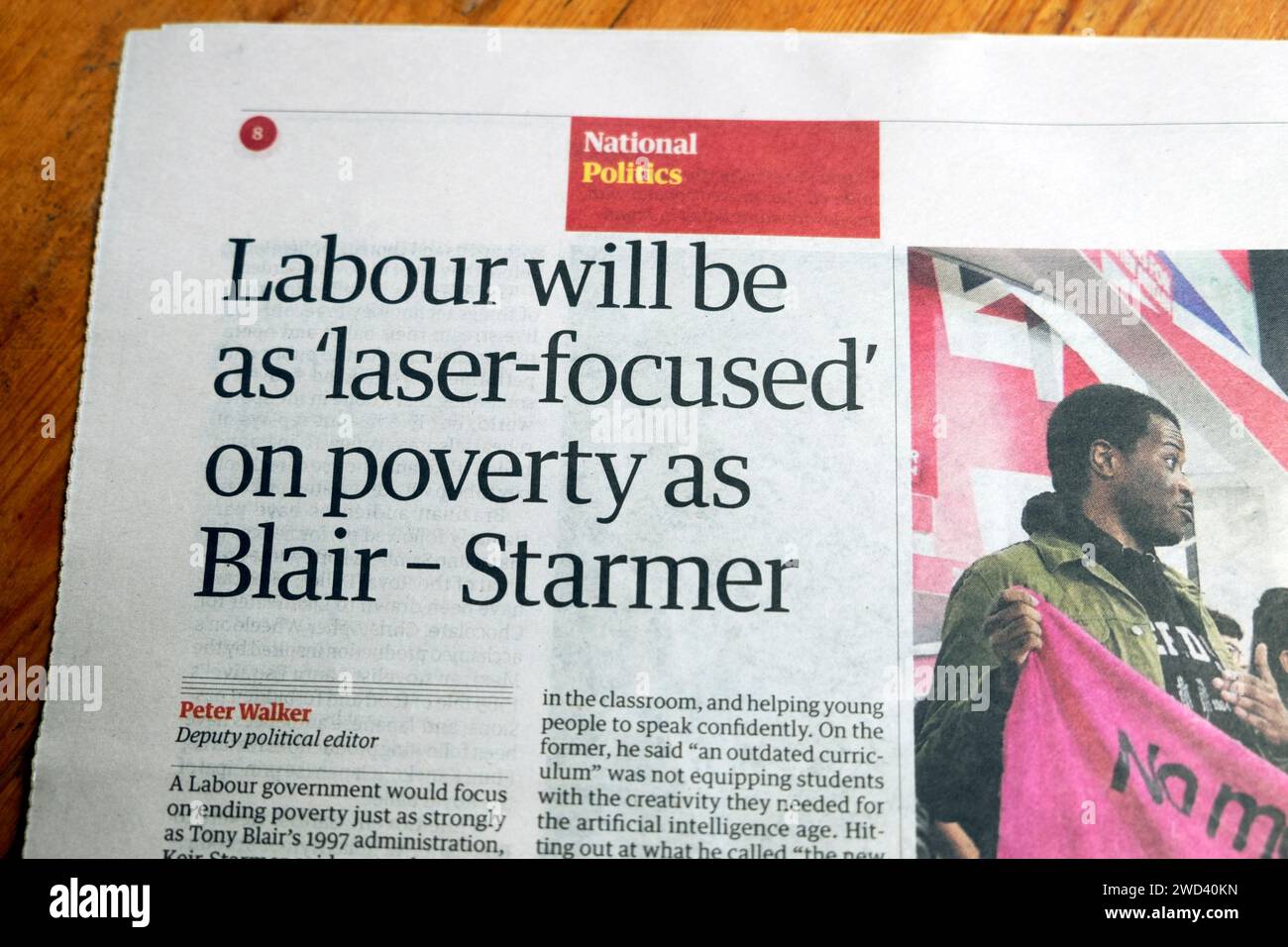 'Labour will be as 'laaser-focused on poverty as Blair - Starmer' Guardian newspaper headline political article 7 July 2023 London UK Stock Photo