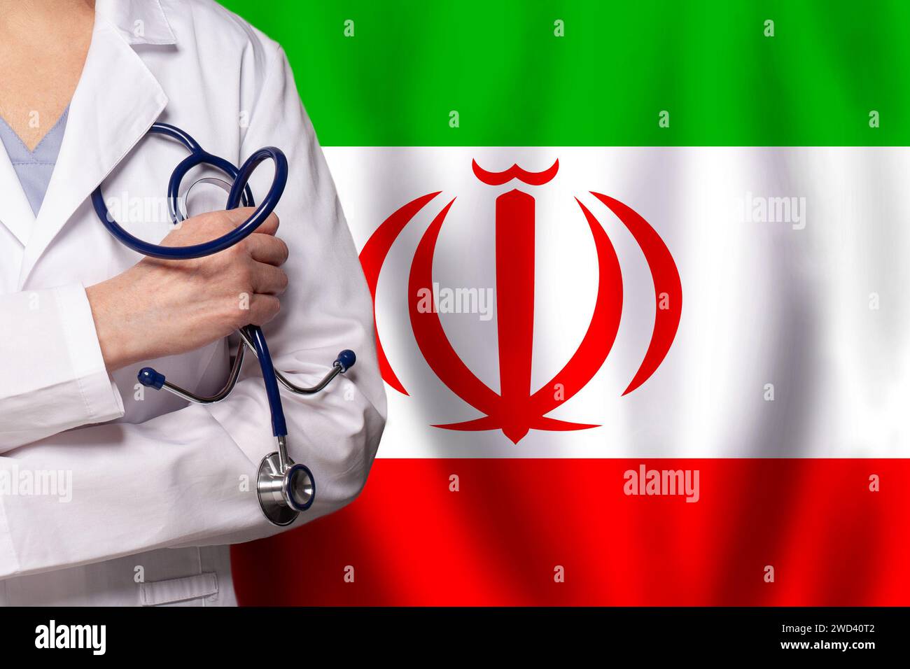 Irani medicine and healthcare concept. Doctor close up against flag of