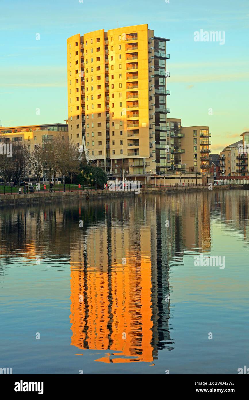 Block of flats, Roath Basin, Cardiff Bay with evening light, Taken January 2024 Stock Photo Alamy
