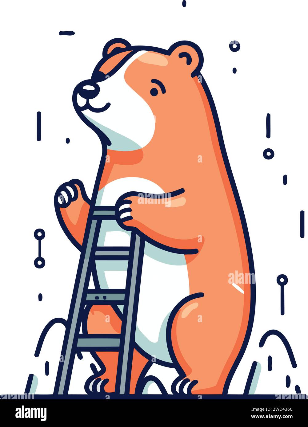 Cute cartoon bear stands on a ladder. Vector illustration in the linear
