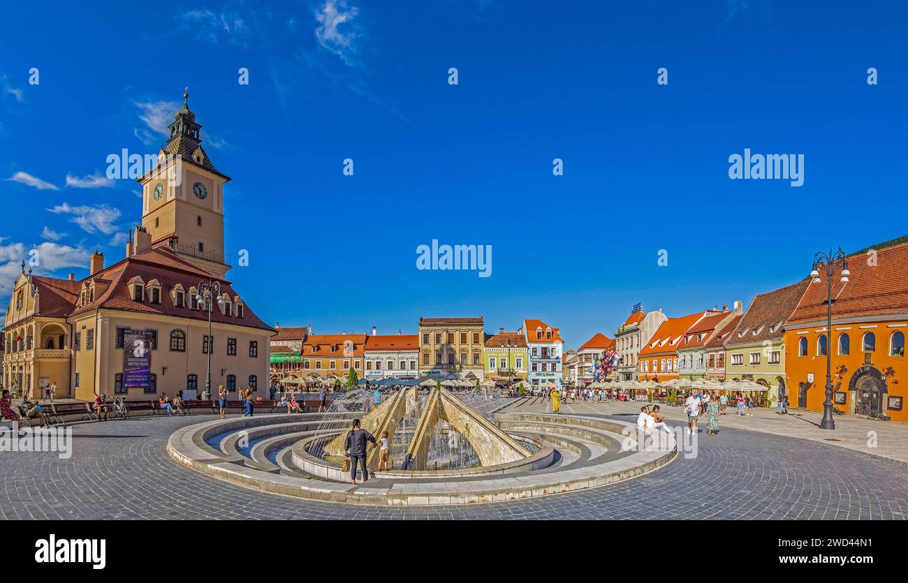 BRASOV, ROMANIA - JULY 11, 2020: The Council Square located in the historic centre of the City, documentary certificate from 1364. Stock Photo