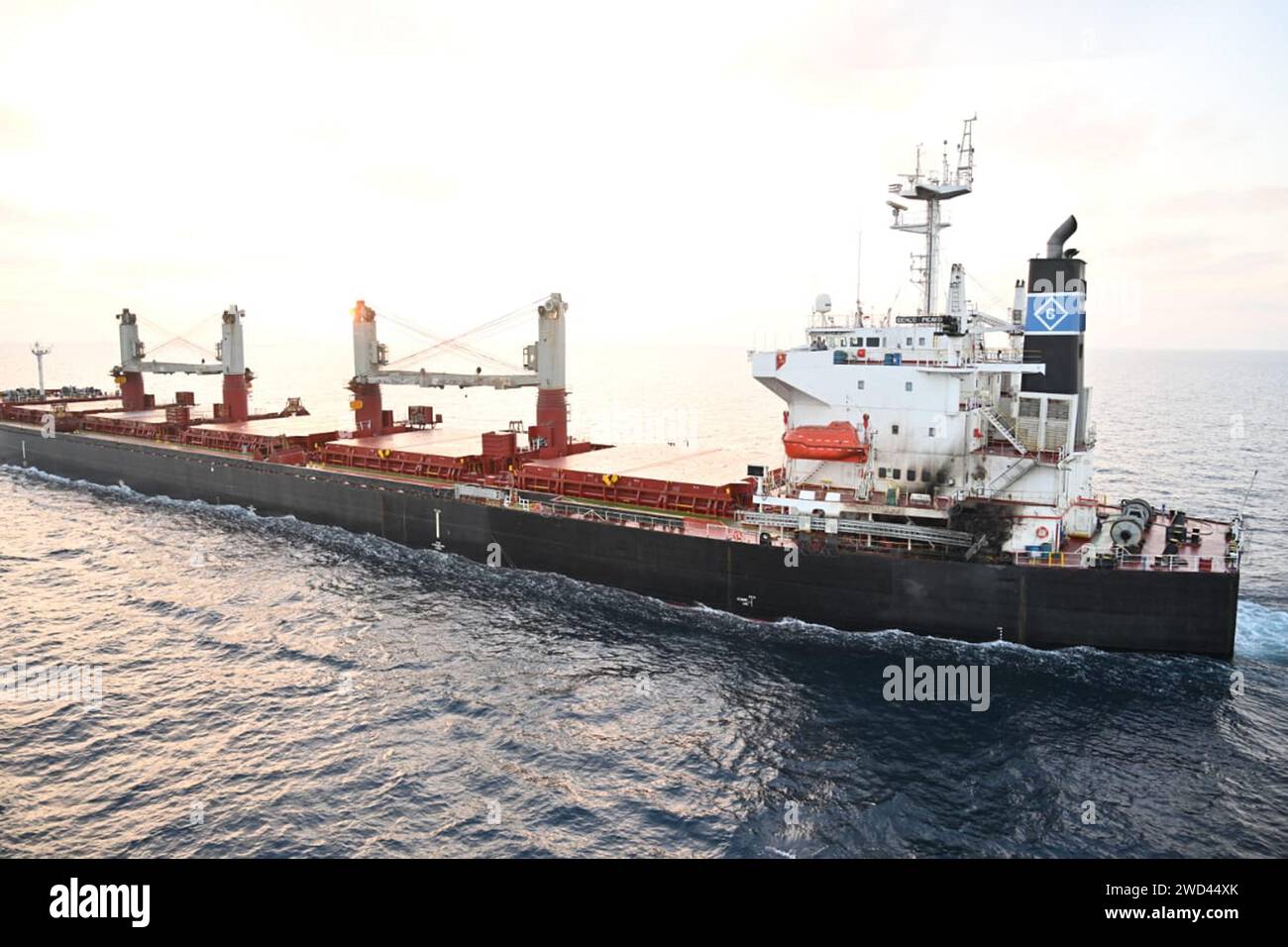 Washington, United States. 18th Jan, 2024. View of the damage caused by a drone attack on Wednesday, January 17, 2024, to the U.S.-owned Marshall Island flagged MV Genco Picardy in the Gulf of Aden. INS Visakhapatnam, undertaking anti-piracy patrol in the Gulf of Aden, acknowledged the distress call and intercepted the vessel in the early morning of January 18, 2024, to provide assistance. Indian Naval EOD specialists, after a thorough inspection, have rendered the vessel safe and is proceeding to the next port of call. Photo via Indian Navy/UPI Credit: UPI/Alamy Live News Stock Photo