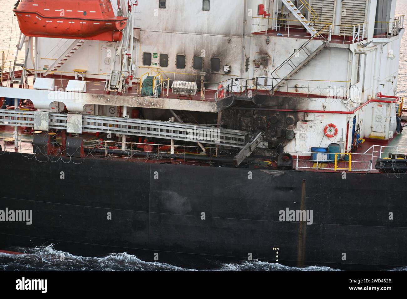 Washington, United States. 18th Jan, 2024. View of the damage caused by a drone attack on Wednesday, January 17, 2024, to the U.S.-owned Marshall Island flagged MV Genco Picardy in the Gulf of Aden. INS Visakhapatnam, undertaking anti-piracy patrol in the Gulf of Aden, acknowledged the distress call and intercepted the vessel in the early morning of January 18, 2024, to provide assistance. Indian Naval EOD specialists, after a thorough inspection, have rendered the vessel safe and is proceeding to the next port of call. Photo via Indian Navy/UPI Credit: UPI/Alamy Live News Stock Photo