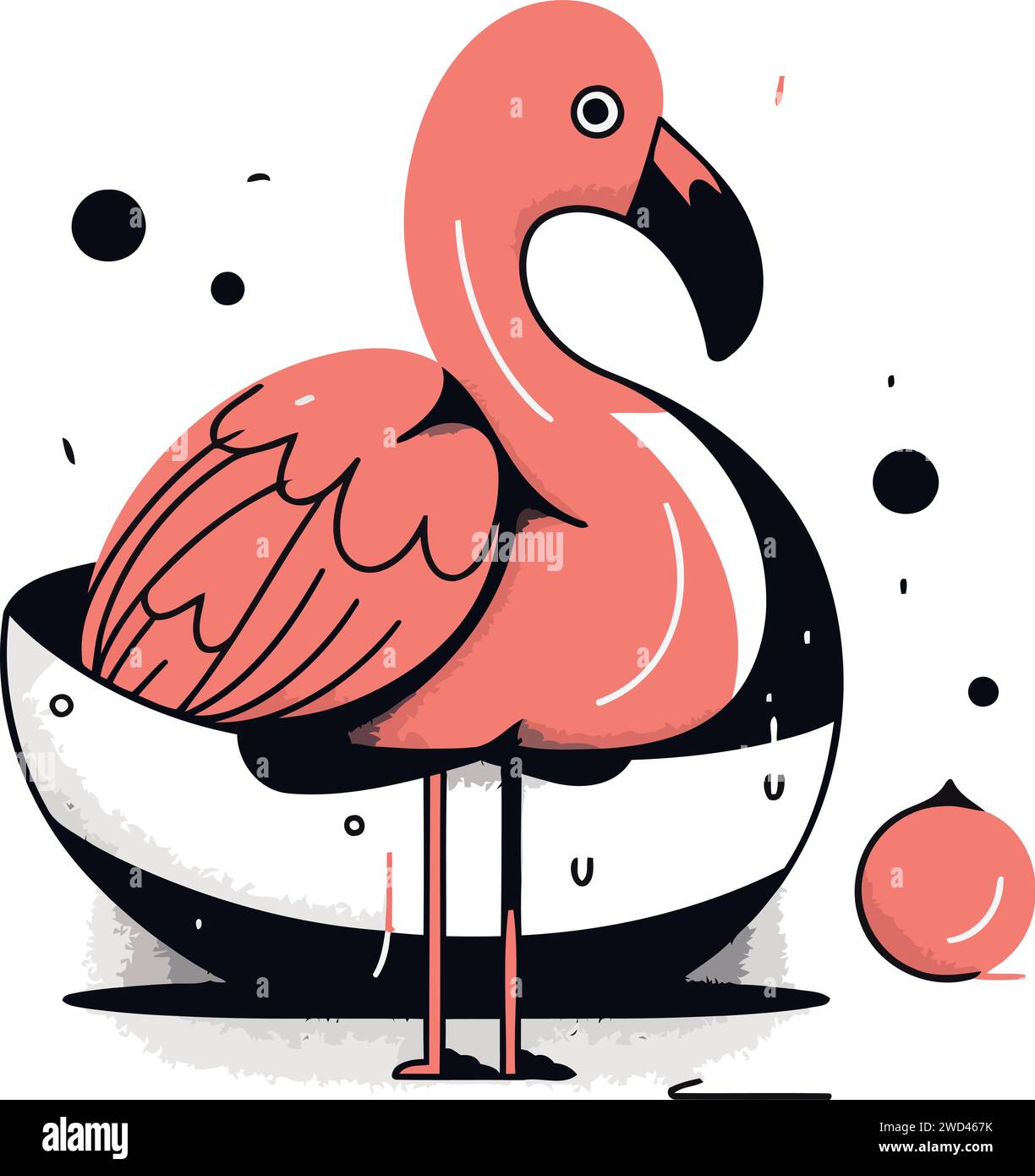 Flamingo on a ball. Vector illustration in cartoon style Stock Vector