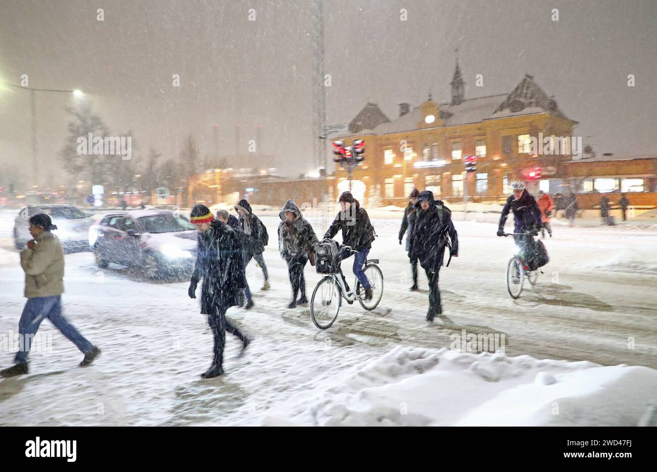 Seasonal weather, heavy snowfall in Linköping, Sweden, during Wednesday ...