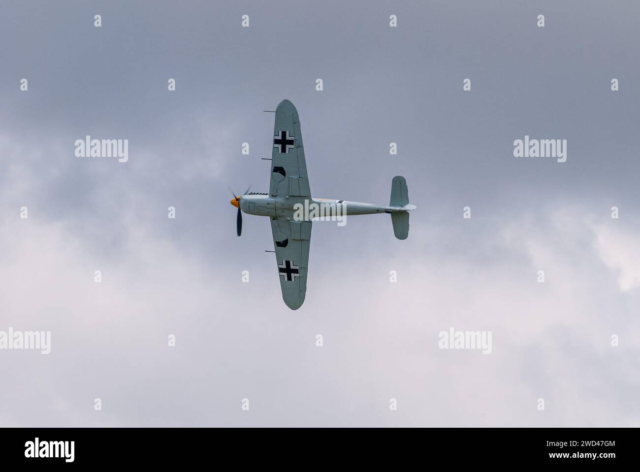 Messerschmitt Bf 109 with Hispano engine in formation flight. The well known Gerrman WW2 Fighter plane ME109 Stock Photo