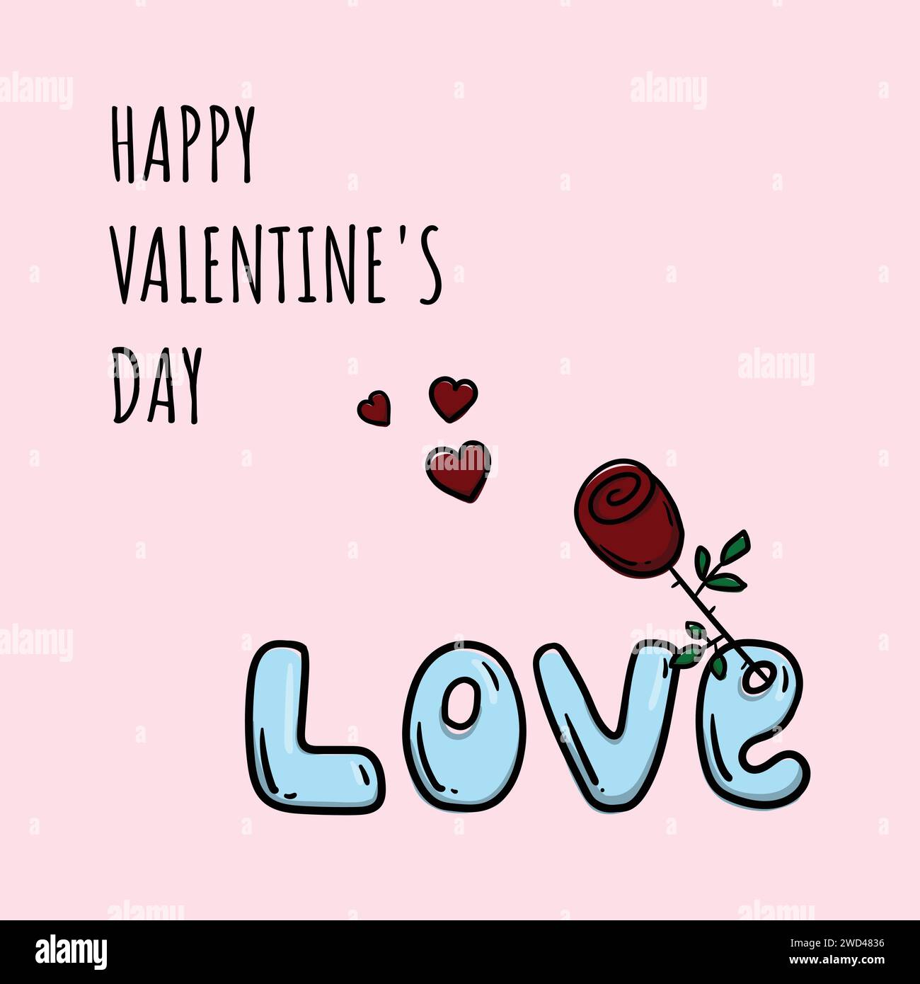 Cute valentine card with rose, hearts, word Love and text Happy Valentine's Day Stock Vector