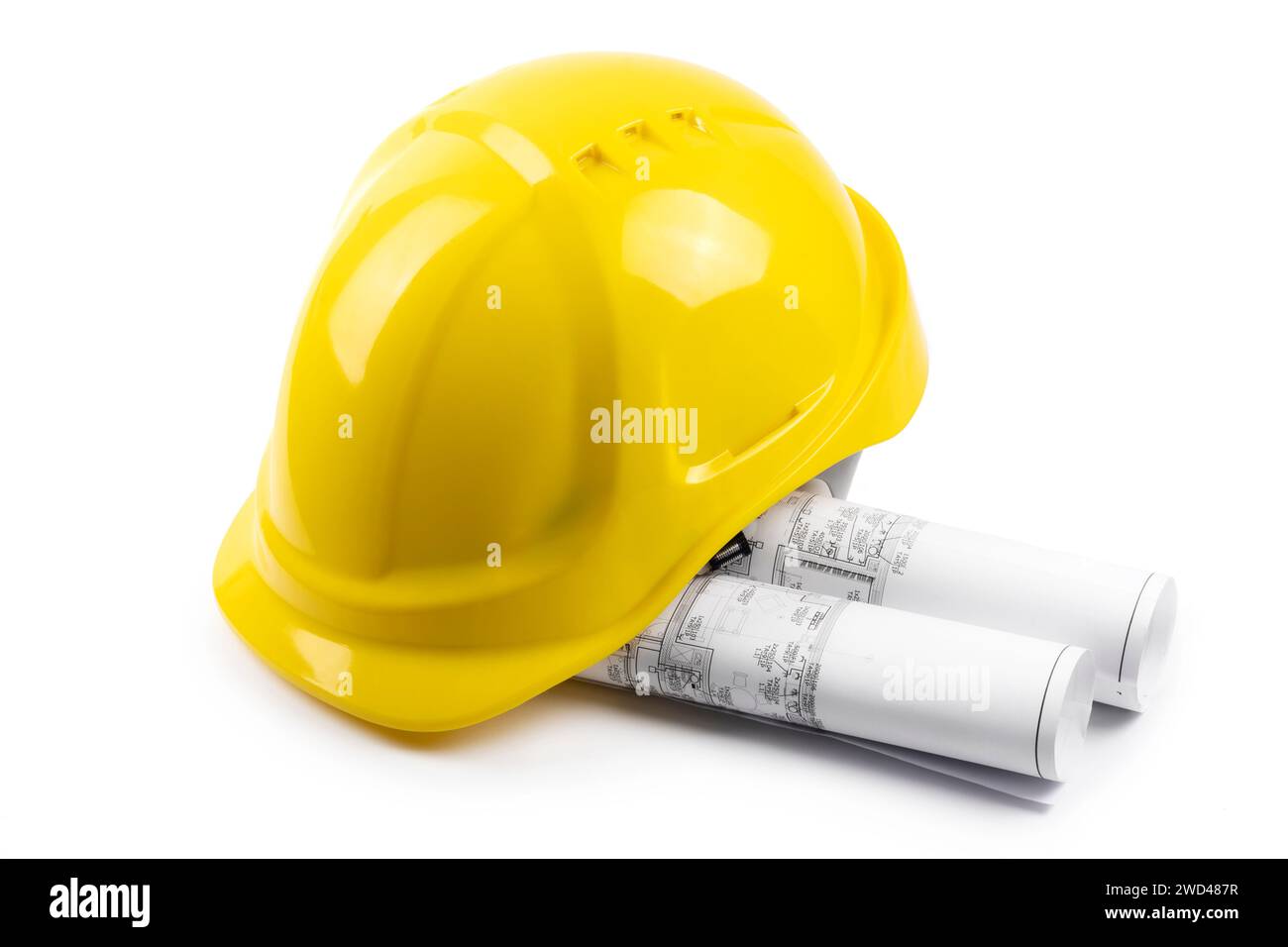 Yellow safety hard hat with engineering drawings on white background