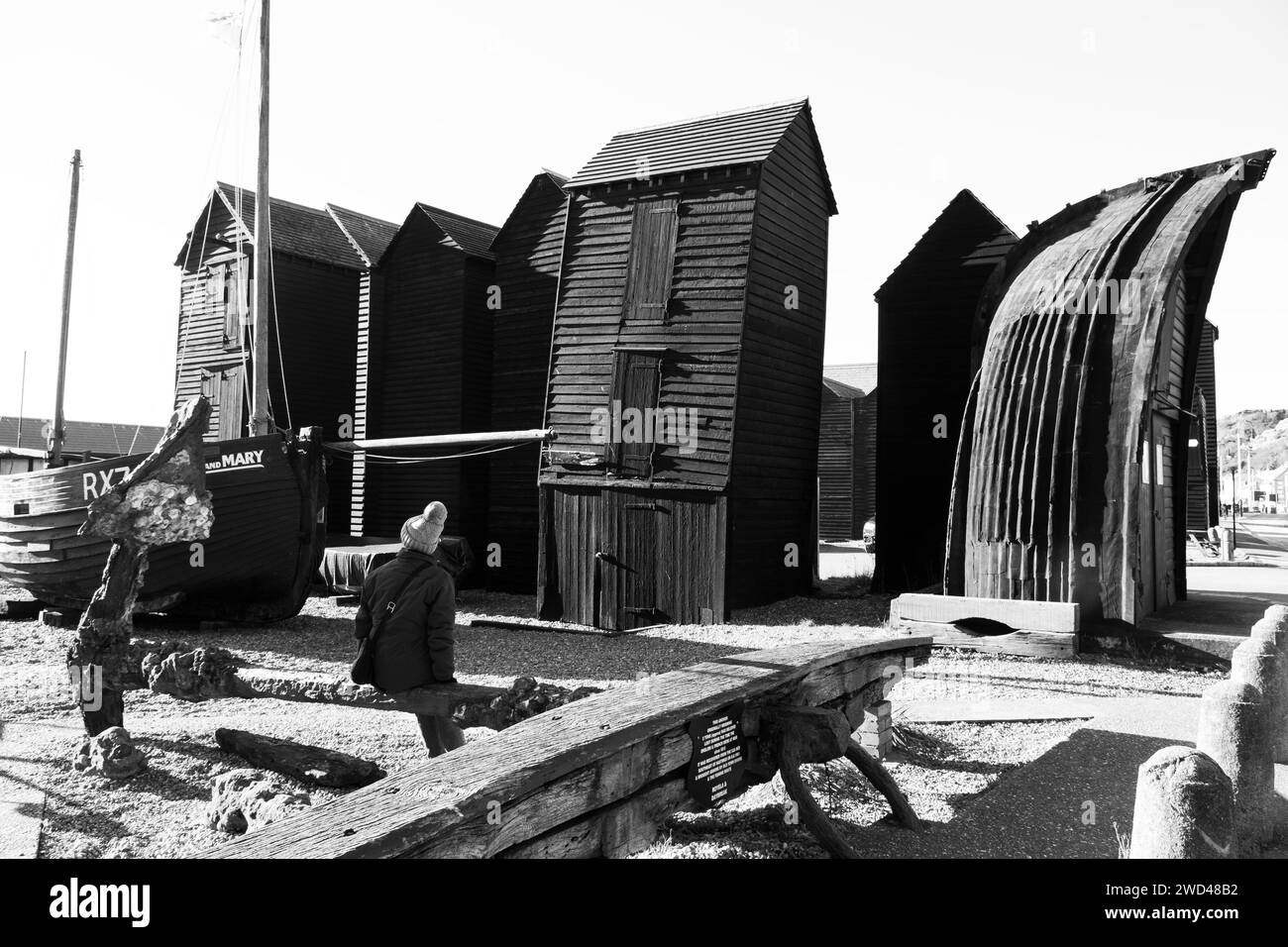 Traditional black-tarred net huts, Hastings, East Sussex, UK Stock