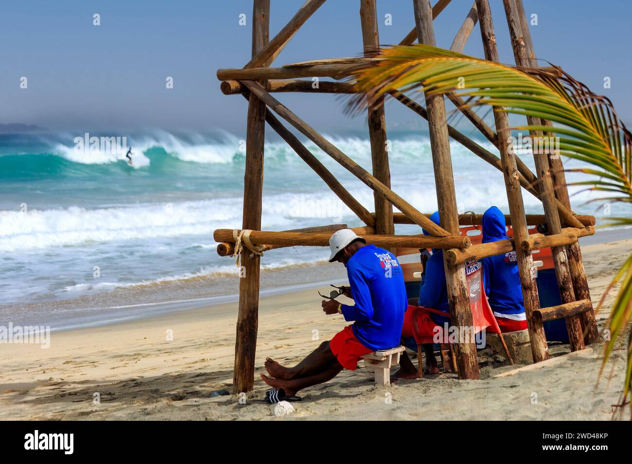 Boa Vista , Cape Verde march 22, 2018 Lifeguards by a tower