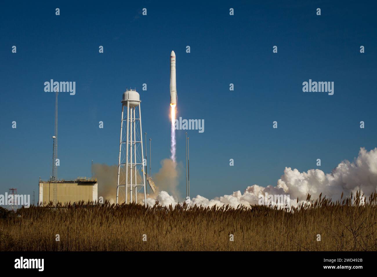 Wallops Island, Virginia, USA. 9th Jan, 2014. An Orbital Sciences Corporation Antares rocket is seen as it launches from Pad-0A at NASA's Wallops Flight Facility, Thursday, January 9, 2014, Wallops Island, VA. Antares is carrying the Cygnus spacecraft on a cargo resupply mission to the International Space Station. The Orbital-1 mission is Orbital Sciences' first contracted cargo delivery flight to the space station for NASA. Cygnus is carrying science experiments, crew provisions, spare parts and other hardware to the space station. (Credit Image: © Bill Ingalls/NASA/ZUMA Press Wire) EDITO Stock Photo