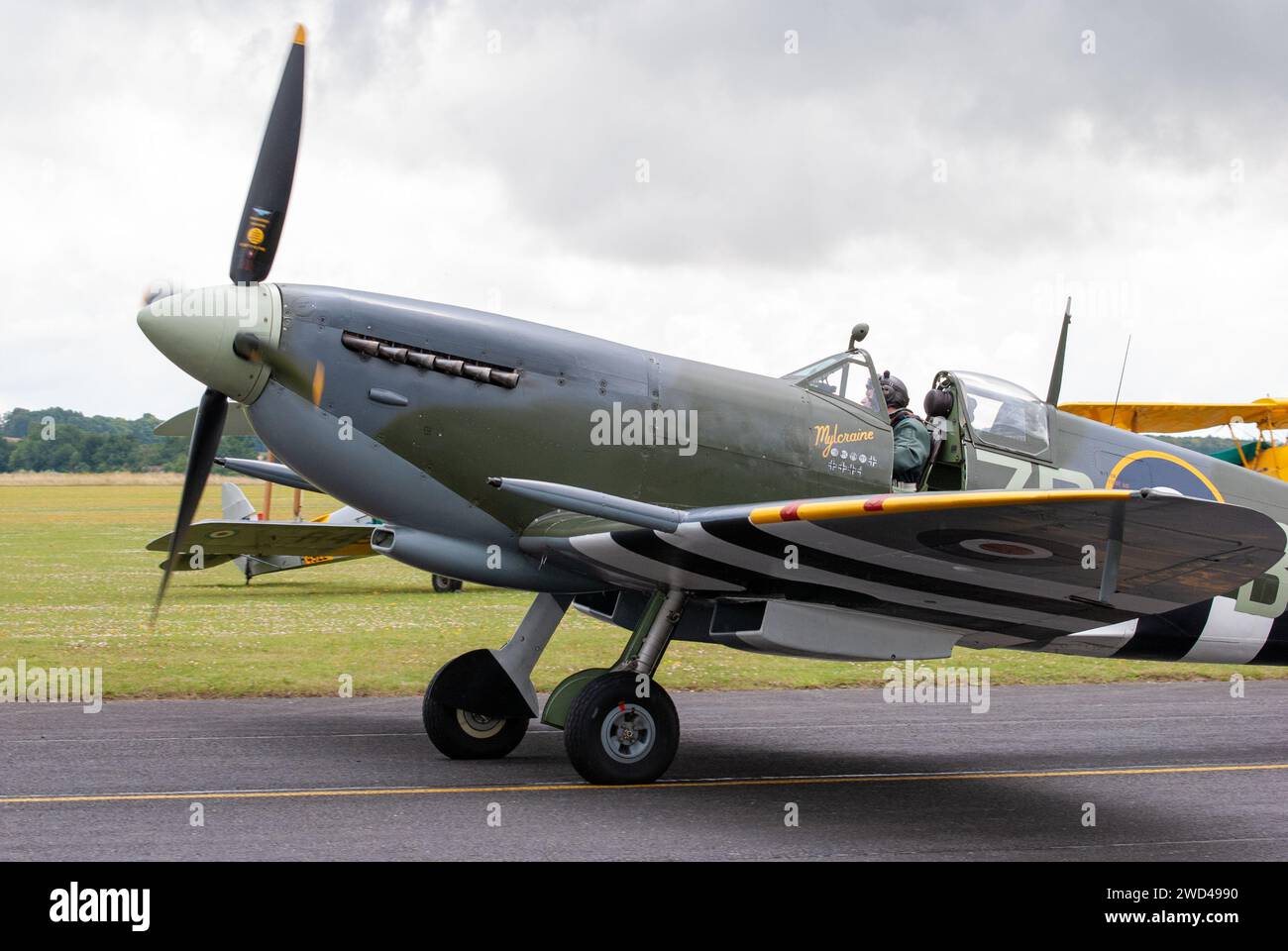 Spitfire WW2 fighter plane side view of the rare aircraft at flying legends airshow in 2014. Stock Photo