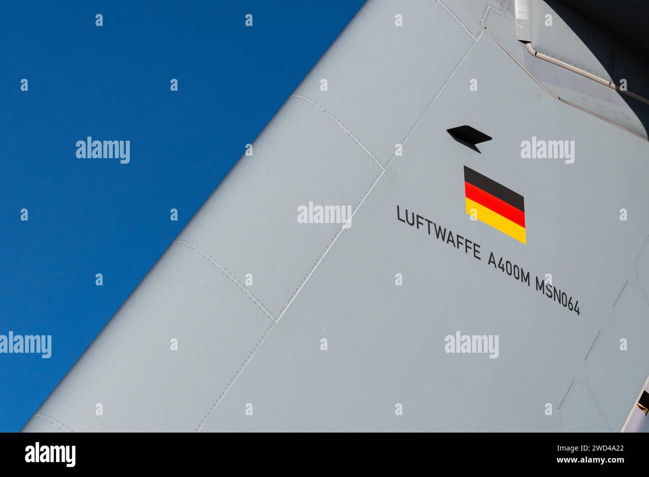 Airbus A400M Atlas (MSN064) NATO European four engine military transport aircraft. Rudder and tail of Luftwaffe aircraft Stock Photo